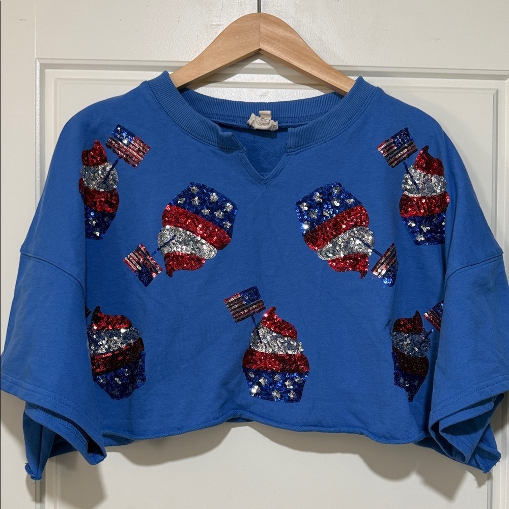 Peach Love California Blue Crop Top with Sequin Cupcake Design patriotic - Picture 1 of 8